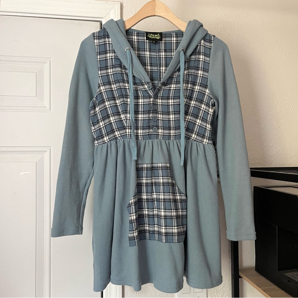 TUNNEL VISION dusty blue waffle plaid button up hoodie mini sweater dress